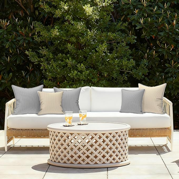 LVTXIII Outdoor/Indoor Throw Pillows, Decorative Patio Accent Pillows, Fluffy Water Repellent Garden Cushions for Home Patio Coach Sofa Use, 16×16 Inch, Pack of 2, Strip Beige
