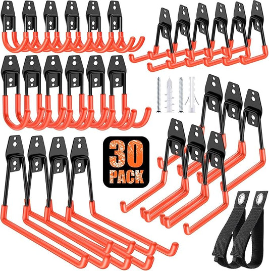 30 Pack Heavy Duty Garage Hooks,Solid Steel Wall Mount Hangers,with Anti-Slip Coating,for Hanging and Organising Ladder,Bike,Ropes,Broom,Garden,Yard and Power Tools