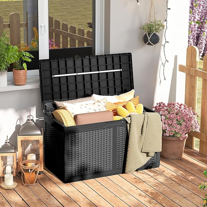 Moccha 100-Gallon Outdoor Storage Box - Waterproof Resin Deck Box with Lockable Lid & Wheels, Faux Rattan Outdoor Storage Bench for Pool Accessories, Garden Tool, Patio Furniture Cushion (Black)
