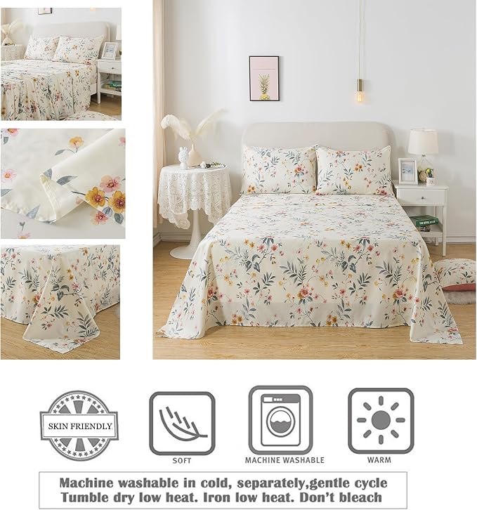FADFAY Floral Sheets Set King Vintage Pink Floral Bedding Shabby Beige Elegant Botanical Sheets Rustic Farmhouse Bedding 800 Thread Count 100% Egyptian Cotton Deep Pocket Fitted Sheet 4Pcs, King Size