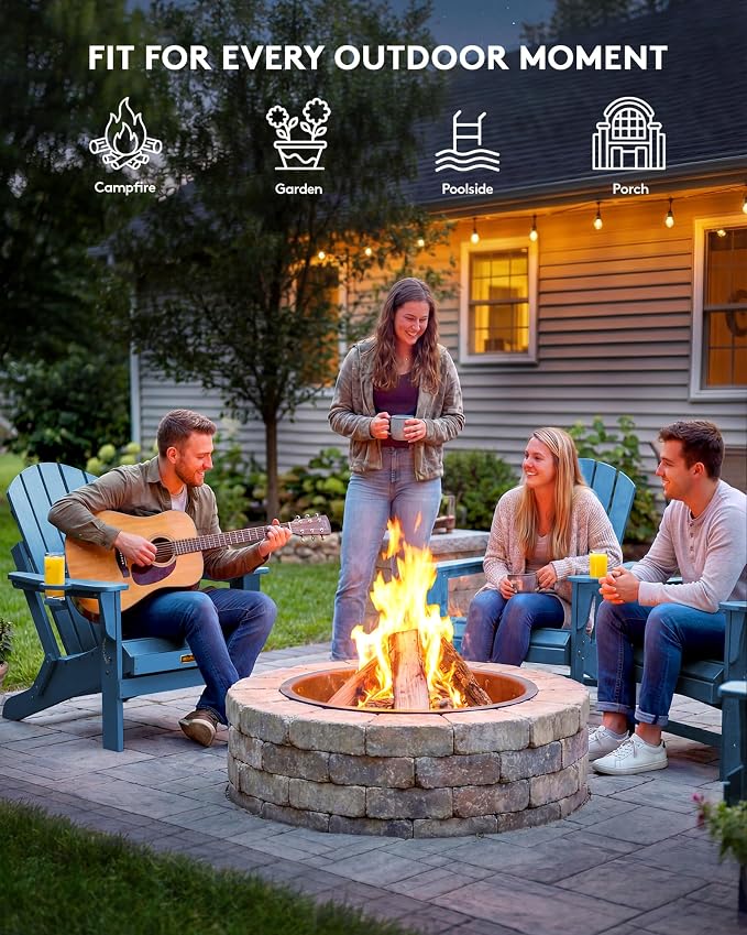 SERWALL Folding Adirondack Chair Set of 6, Weather Resistant HIPS Lawn Chairs with Cup Holder for Garden Outdoors Fire Pit- Sapphire
