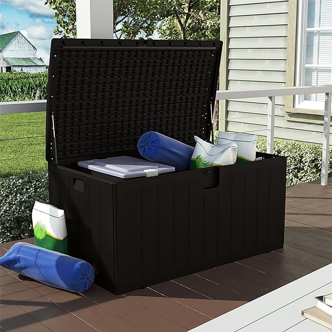 Cosco 130 Gallon Durable Resin Deck Box with Gas Shocks and Adjustable Divider