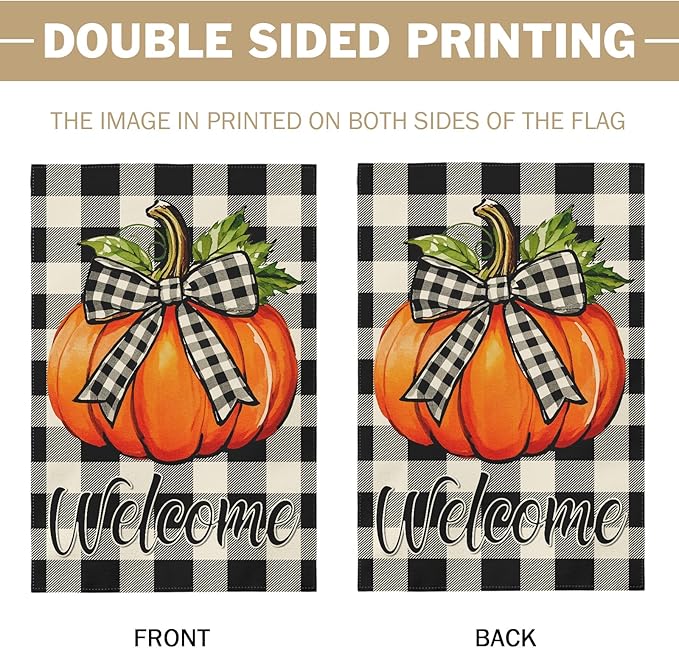Fall Pumpkin Garden Flag 12x18 Inch Welcome Autumn Harvest Theme Thanksgiving Buffalo Plaid Decorative Yard Flags for Outside Double Sided Outdoor Home Farmhouse Decoration Porch Decor