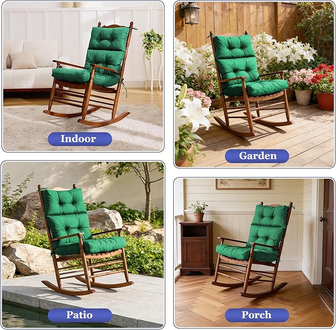Rocking Chair Cushion, Waterproof and Fade-Resistant Adirondack Rocker Cushions, Indoor/Outdoor Rocking Chair Pads, High Back Memory Foam Patio Furniture Cushions with Ties, 44x23x4 Inch, Dark Green