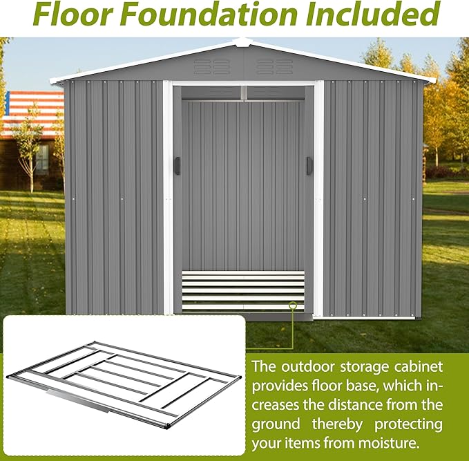 YOPTO 8X6 FT Outdoor Storage Shed with Roof,Waterproof House Tool Cabinet W/Metal Foundation & Lockable Doors,for Shovels,Umbrellas,Antennas,Escalators,Gray