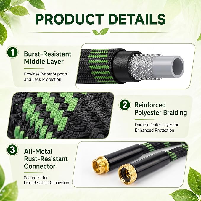 Garden Hose 100 FT, Non-Expanding Water Hose with 10 Pattern Spray Nozzle, Lightweight Flexible Kink-Resistant Garden Hose, Durable Outdoor Hose for Yard, Lawn, Patio, Garden, Car Washing, Black Green