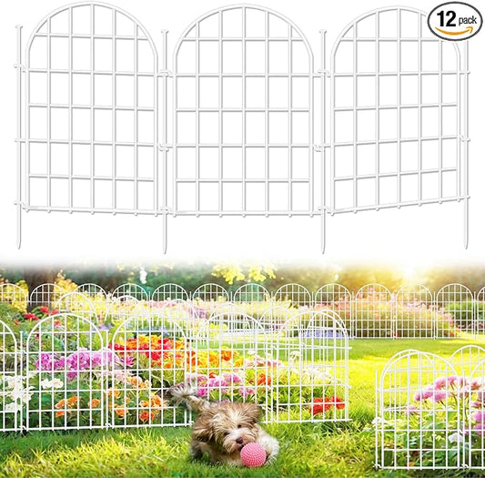 13.8ft(L) x 17in(H) Panels Garden Fence, 12 Panels Arched No Dig Fence, Decorative Animal Barrier Fencing with Ground Stake, Rustproof Metal Garden Edging Border for Dog, Outdoor Patio Decor, White