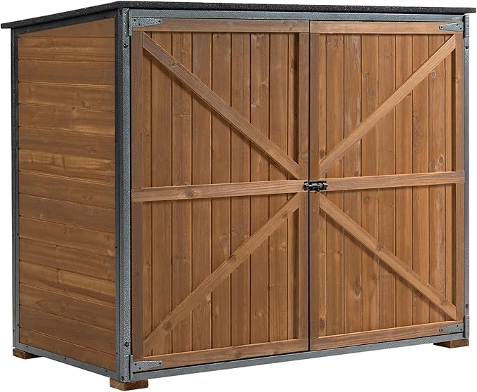 YOPTO Outdoor Wood Storage Cabinet,Garden Shed Tool with Metal Frame Structure and Waterproof Sloping Roof,Backyard Building w/ 3 Compartments & Latch,Furniture for Lawn,50.4"L X 26.8"W X 41"H,Brown