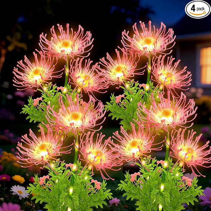 Solar Garden Flower Lights Outdoor, 4 Pack Pink Spider Lily Solar Lights with Glowing Stems, IP65 Waterproof LED Yard Decor for Patio Lawn Pathway, Mother's Day Valentine Gifts for Women Mom Grandma
