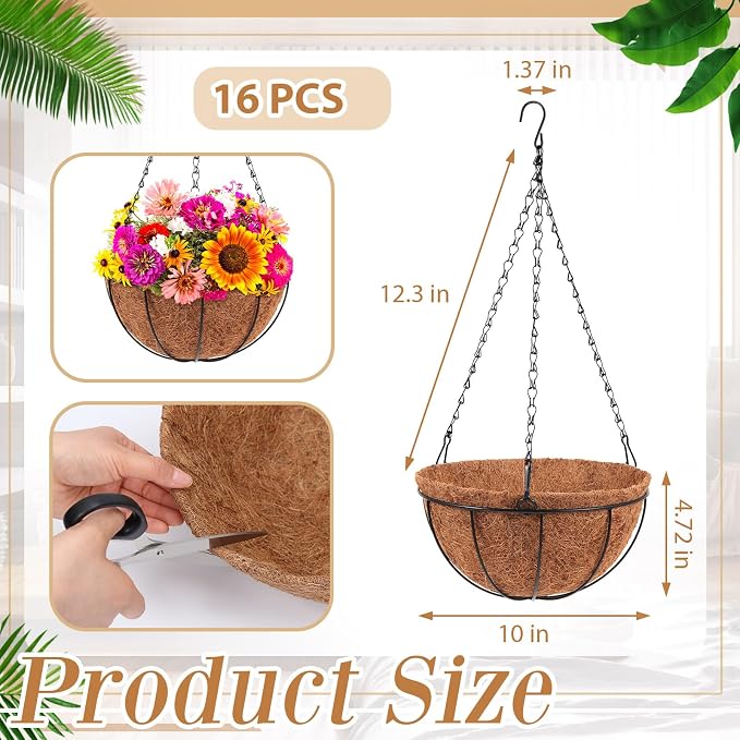 Dandat 16 Pack 10 Inch Metal Hanging Planter Basket with Coconut Coir Liner Metal Wire Plant Holder Chain Watering Outdoor Hanging Pots Flower Pot Hanger for Porch Indoor Outdoor Garden Decorations