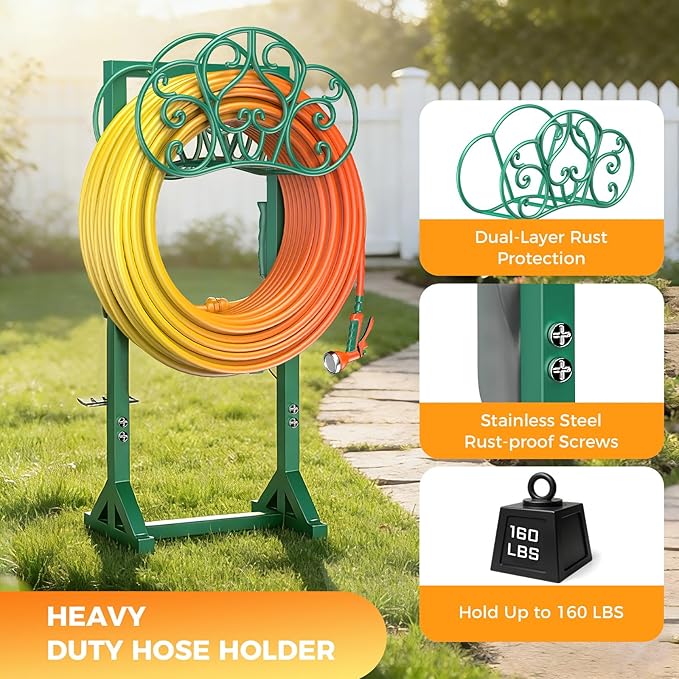 Garden Hose Holder with 2 Tool Hooks Heavy-Duty Freestanding Water Hose Holder Holds 160Ft Hoses, Rustproof Freestanding Hose Stand with 4 Spikes Hose Hanger Storage Rack for Outside, Yard, Lawn