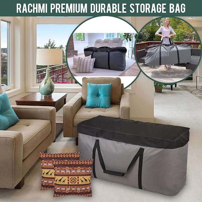Rachmi 2 Pack Cushion Storage Bag (152 Gal x2) 60 Inch with Zipper & Padded Handle, Outdoor Oversized Heavy Duty 600D Water-Resistant Moving Bag, (60" Wx20 Dx29 H, Extra Large)