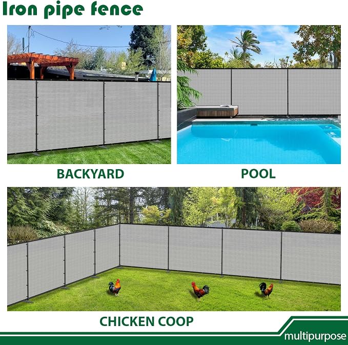 5'Hx142'W Outdoor Freestanding Privacy Screen Fence Panels with Iron Poles, Mesh Shade Net Cover Temporary Fencing for Patio Backyard Garden Deck, Light Gray