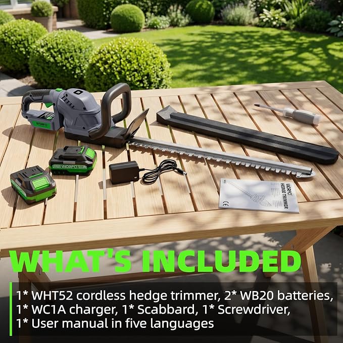 20-Inch Cordless Hedge Trimmer (Includes 2 Batteries and Charger), Electric Handheld Bush Trimmer, 180° Rotatable Handle, Grass Shrub Trimmers, Lightweight & Compact Grey