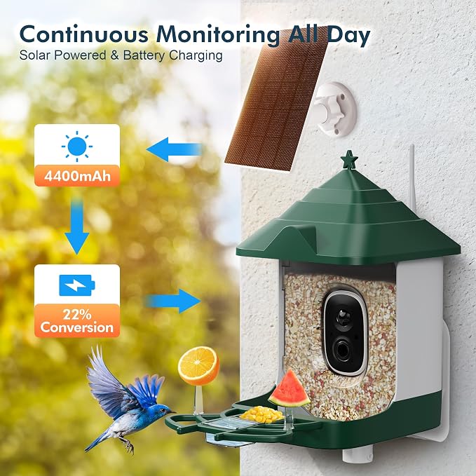 Smart Bird Feeder with Camera Solar Powered, 4K HD Live Video Bird Camera Feeder with AI Identifies,App Control,Instant Arrival Alert,Auto Capture,Motion Detection Bird House (Green)