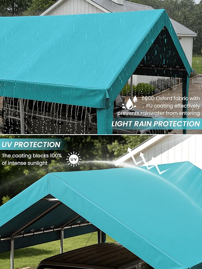 12 x 20 Ft Carport Replacement Cover, Heavy Duty Outdoor Car Tarp Canopy, Waterproof & UV Protected Tear Oxford Tarp with Ball Bungees (Frame is Not Included)
