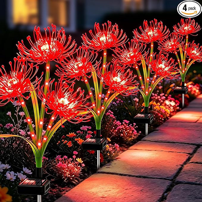 VOOKRY Solar Lights Outdoor, 4 Pack Red Spider Lily Garden Flower Lights | 3Heads per Stem& Individual Solar Panels, Warm White LED Waterproof Yard Lawn Pathway Decor,Decorative Garden Gifts for Women
