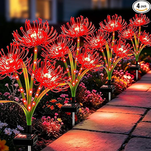 VOOKRY Solar Lights Outdoor, 4 Pack Red Spider Lily Garden Flower Lights | 3Heads per Stem& Individual Solar Panels, Warm White LED Waterproof Yard Lawn Pathway Decor,Decorative Garden Gifts for Women