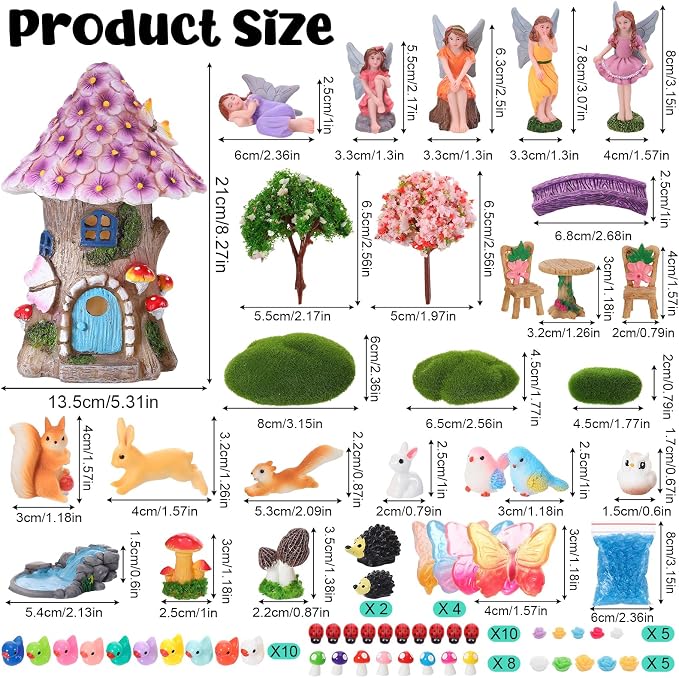 70 Pcs Fairy Garden House Resin Kit Glowing Tree House Miniature Garden Fairy Animals Garden Accessories Decor Outdoor Mini Landscape Ornaments