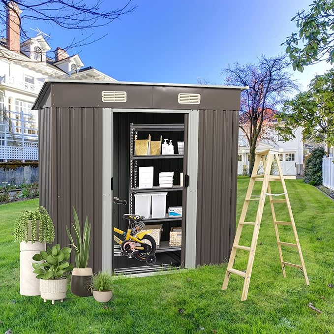6FT x 4FT Heavy Duty Outdoor Metal Storage Shed, Galvanized Steel Garden Shed with Sliding Lockable Doors, Punched Vents & Foundation Kit, Weather Resistant Backyard Tool Storage House, Grey