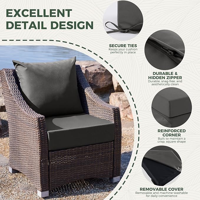 Outdoor Cushions for Patio Furniture, Outdoor Seat Cushion Set 24 x 24 x 4 Inch, Waterproof & Fade Resistant Outdoor Chair Cushions, Deep Patio Chair Cushion with Removable Cover, Dark Grey
