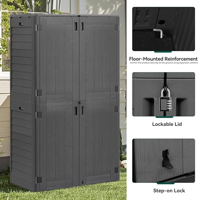 YITAHOME 60 cuft Vertical Outdoor Storage Shed with Shelf, Large Waterproof Storage Cabinet for Garden Shed, Tall Outdoor Storage Shed for Garage, Pool Storage, Resin, Lockable, Dark Gray