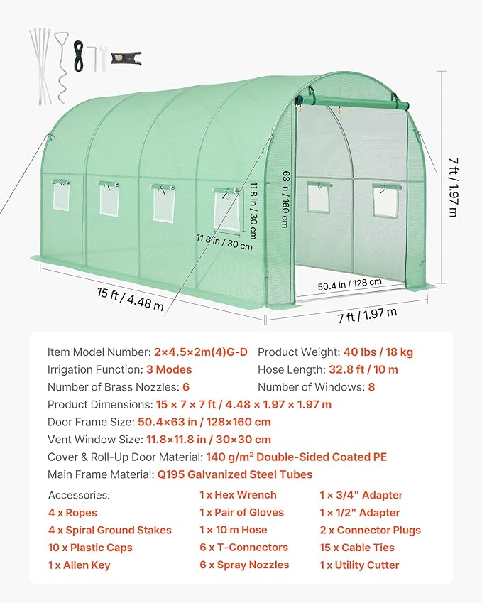 VEVOR Walk-in Tunnel Greenhouse, 15 x 7 x 7 ft Hoop House Greenhouse Tunnel with Watering System, Plant Hot House with Steel Frame, PE Cover, Roll-Up Zipper Door and 8 Windows for Outdoors, Green