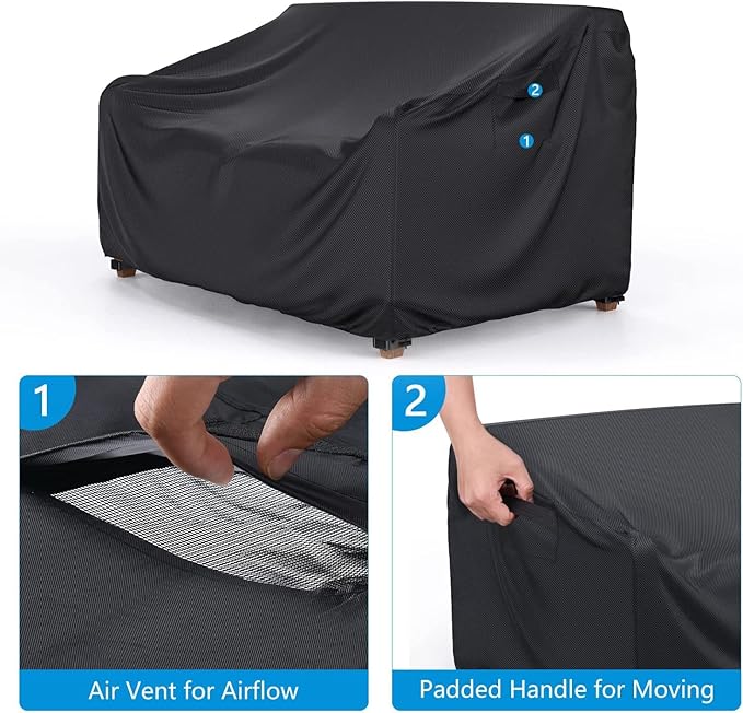 Heavy Duty Patio Sofa Cover Waterproof, Mrrihand 3-Seater Outdoor Sofa Loveseat Cover, Outdoor Patio Furniture Cover with Air Vent and Handles, 87" L×37" D×35" H, Black