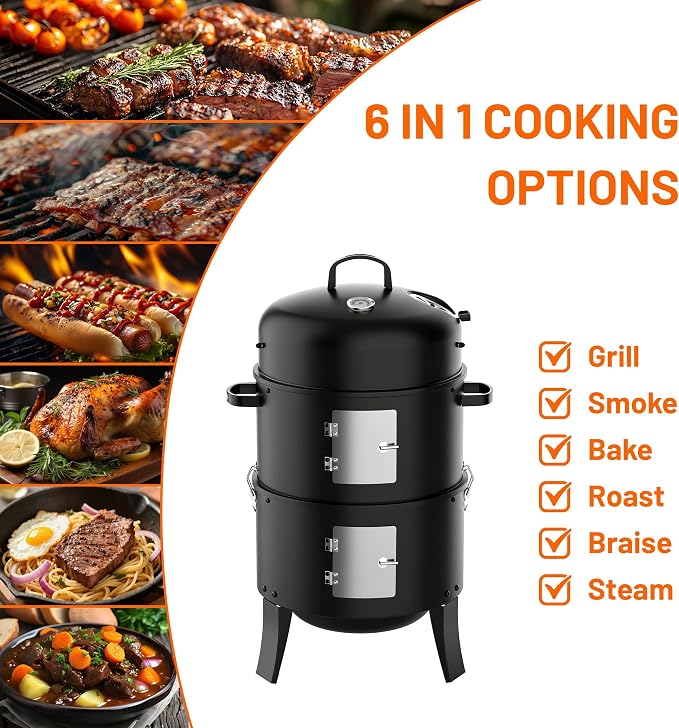 KEYO GRILL 18 Inch Vertical Charcoal Smoker, 3-in-1 Heavy Duty Outdoor BBQ Grill with Thermometer, Portable Camping Barbecue Grill for Garden Patio Beach Backyard