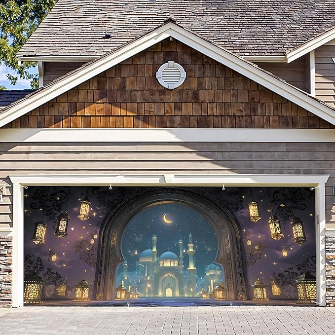 7 * 16FT Summer Garage Door Cover Decorations Sunset Palm Trees Garage Door Banner for Outdoor Indoor Summer Party Photography Backdrop (Ramadan, 6 * 13 ft)