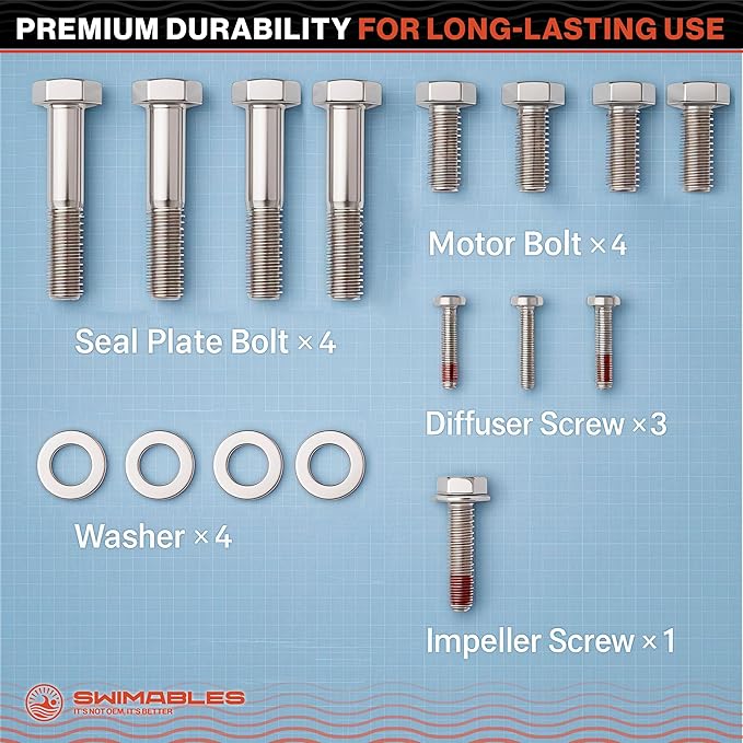 Swimables SuperFlo Hardware Pool Pump Bolt Kit for Pentair WhisperFlo & Intelliflo | Stainless Steel Hardware Kit Screws | Complete Bolt & Nut Kit with Washer Kit, Impeller Screw, Motor Bolts & More