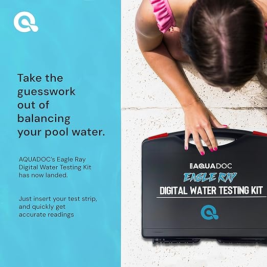 Eagle Ray Digital Pool Water Test Kit by AquaDoc with Digital Water Tester and 30 Pool Test Strips for Chlorine, Bromine, Total Hardness, Cyanuric Acid, Alkalinity, and pH