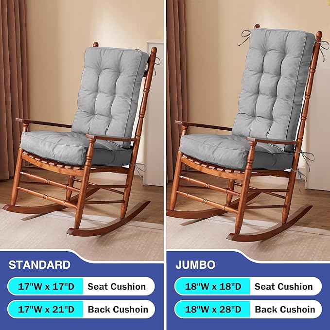 IPYNBAP Rocking Chair Cushion, Waterproof and Fade-Resistant Patio Chair Cushions, Tufted Chair Pads for Rocker Furniture, 17x17 Inch, Indoor/Outdoor Seat Cushions with Ties, Light Grey