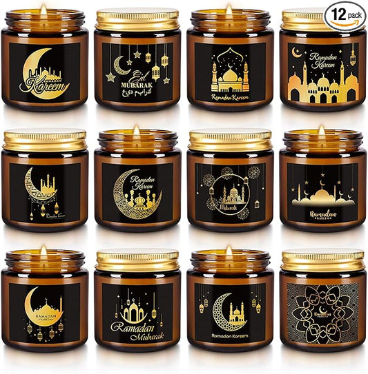 12 Pcs Ramadan Mubarak Scented Candle Set - Eid Candles for Home Decor, Aromatherapy Islamic Gifts for Women & Family, Mosque-Inspired Jar with Islamic Lanterns & Stars, Brown Soy Wax