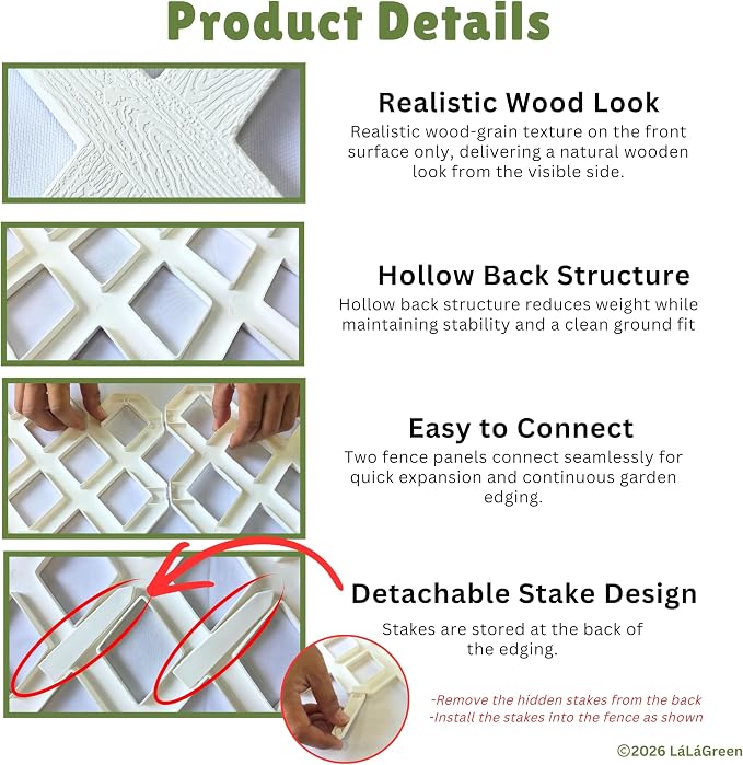 LaLaGreen Decorative Garden Edging Border (23 Inch, 10 Pack) White Plastic Fence Panels for Flower Beds Lawn Landscaping, Small Fencing Barrier Patio Paths Trees Rings Outdoor Yard Modern Style Decor