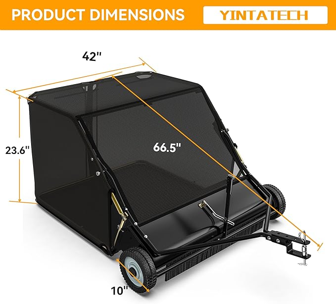 YINTATECH Tow-Behind Lawn Sweeper,42" Pull Behind Heavy-Duty Garden Sweeper with Hopper Bag,Grass Collector,Adjustable Brush Height,Anti-Splash Cover,Dumping Rope from Seat Handle for Yard Lawn