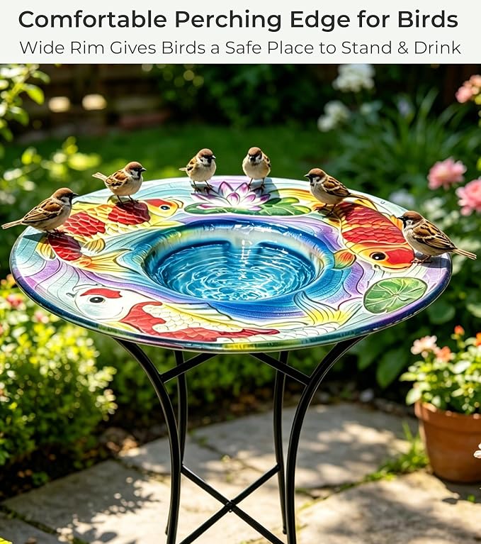 Bird Bath with Stand for Outside, Fits Solar Fountain Pump, Glass Birdbath Bowl for Garden Yard, Koi Design, Decorative Indoor Outdoor, Easy Clean, 21" H