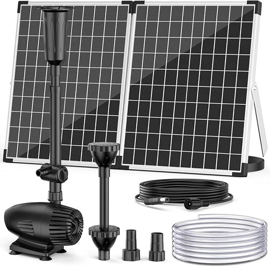 NFESOLAR 55W Solar Fountain Pump, 580GPH Solar Pond Pump with Dry-Run Protection, Foldable Solar Panel, 16.5FT Cord, 10FT Extension Cable, PVC Tubing for Outdoor Ponds, Waterfall, Garden, Hydroponics