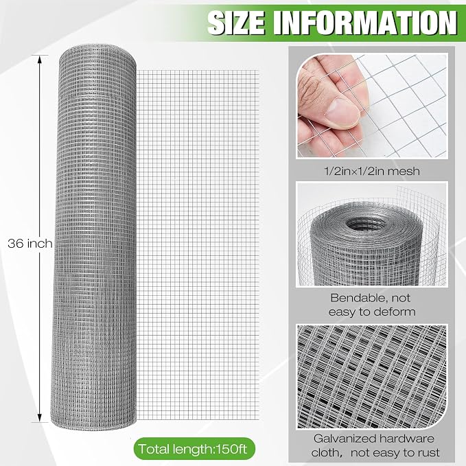 Tatuo Hardware Cloth 1/2 Inch 36in x 150ft Hot Dip Galvanized After Welded Cage Mesh Rolls 21 Gauge Metal Chicken Wire Roll Wire Fencing Poultry Netting for Raised Garden Rodent Animals