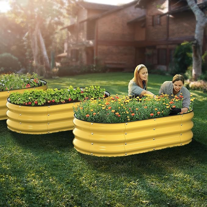 Winpull Raised Garden Bed Kit, 4x2x1ft Galvanized Planter Box with Rubber Safety Edging, Metal Garden Beds for Vegetables, Flowers, Herbs, Backyard & Patio (Cream Yellow)