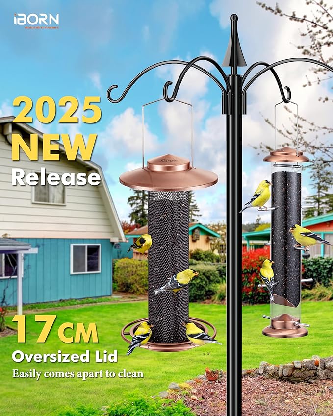 iBorn Finch Feeders for Outside,Thistle Bird Feeders for Outdoors Hanging,Nyjer Seed Feeder,Metal Mesh Tube Bird Feeder 13.5 Inch with 17cm Weatherproof Large Roof&Tray,2 LB Capacity,Brushed Copper