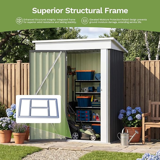 Greesum 5x3FT Outdoor Storage Shed with Base, Utility Tool Shed with Sloping Roof, Metal Storaged Garden Shed with Door & Lock for Patio Storage, Gray