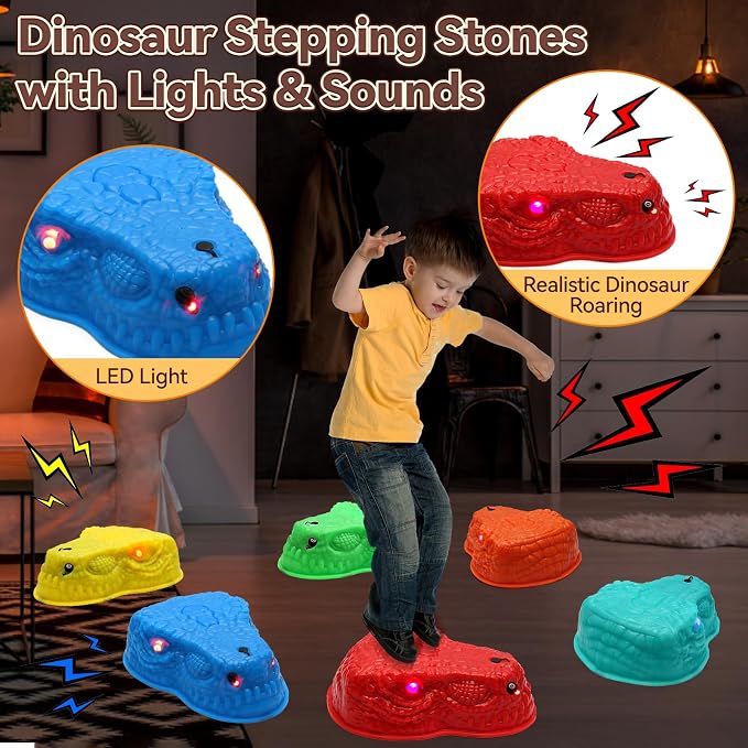 FIIOEOY 6 Pcs Dinosaur Stepping Stones for Kids, Light up Mist Spray & Roaring Non-Slip Balance Stepping Stones with 6 Rechargeable Batteries, Indoor & Outdoor Toys for Toddlers Ages 3-5