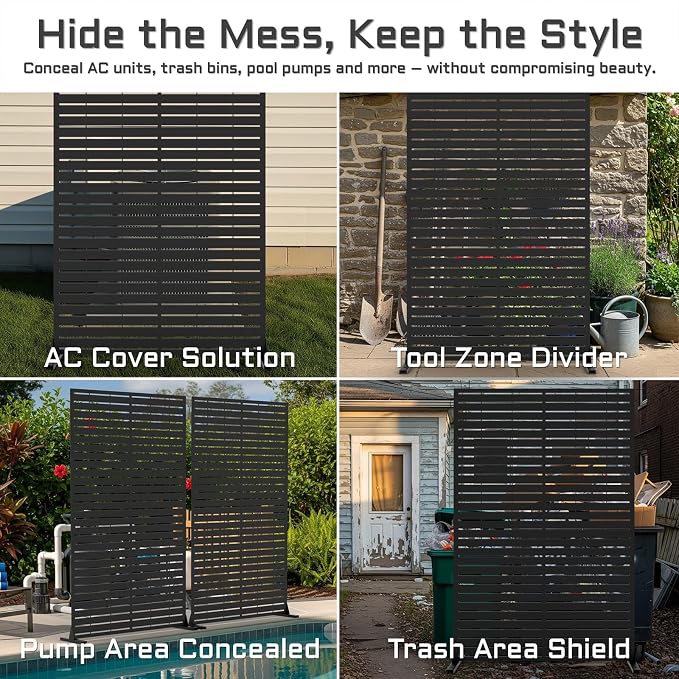 72" H Metal Outdoor Privacy Screen – Freestanding Rustproof Louvered Fence Panel for Patio, Garden, Balcony, AC Unit Cover, Trash Can, Modern Decorative Divider