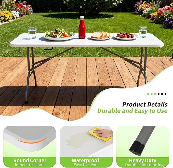 BestOffice 6 FT Picnic Table, Portable Plastic Folding Table with Carrying Handle Perfect for Picnics, Parties, Party and Camping, White