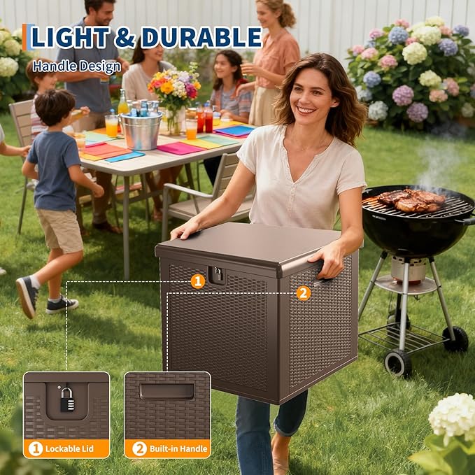 GarveeLife 80 Gallon Outdoor Storage Box, Large Resin Deck Box with Hydraulic Air Rod, Weatherproof & Lockable Outdoor Storage Bin for Patio Cushions, Garden Tools, Pool Supplies, Porch, Brown