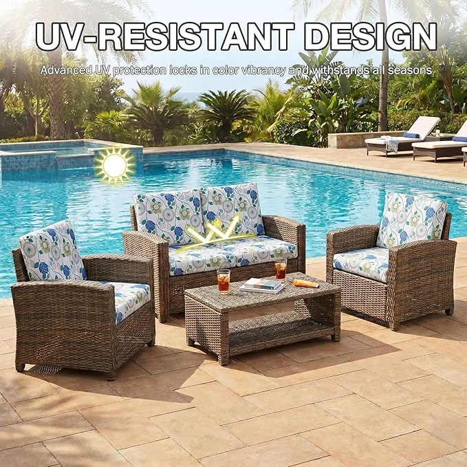 hyha 4Pcs Patio Cushion Covers, Stretch Outdoor Couch Cushion Covers, Washable Outdoor Chair/Sofa Slipcovers for Patio Furniture Cushions Protector with Elastic Bottom(Botanical Bloom,Cover Only)