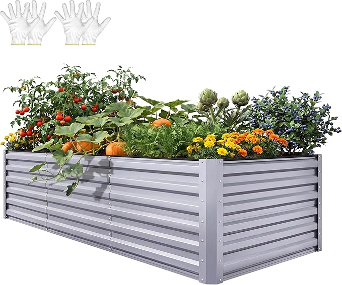 YITAHOME 8x4x2ft Large Raised Garden Bed Kit, Galvanized Metal Planter Box with Gloves, Support Rod, Outdoor Above Ground Planters for Plants Vegetables Flowers, Silver Gray
