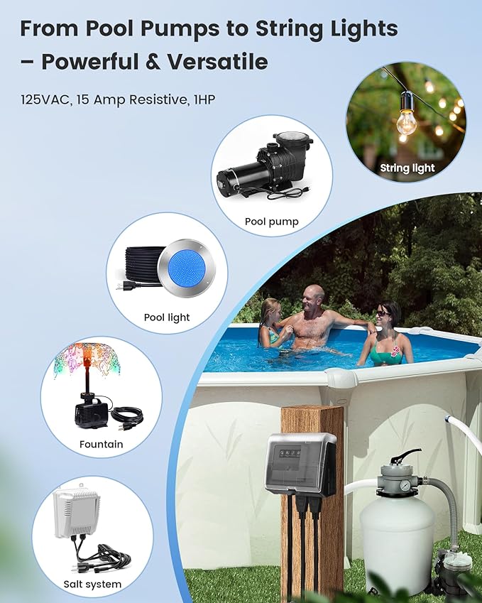 SURAIELEC WiFi Pool Timer for Above-Ground Pools, NEMA 5-15R Plug-in Timer with Dual Outlets, 15A 125V 1HP, Weatherproof PC Cover, Ideal for Pool Pumps, Filters, Lights and Salt Chlorination Systems