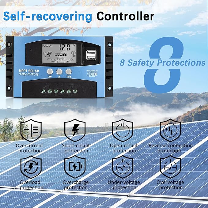 100A MPPT Solar Charger Controller 12V/24V Auto Intelligent Regulator with LCD Display/Dual USB Port/Adjustable Parameter/3 Load Modes Fit for Lead-Acid, Lithium-Ion and Lithium Iron Phosphate Battery
